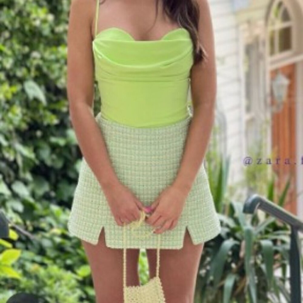 ZARA WOMAN SKORT SS22 GREEN STRUCTURED GINGHAM PATTERN SHORTS XL 4661/434/500